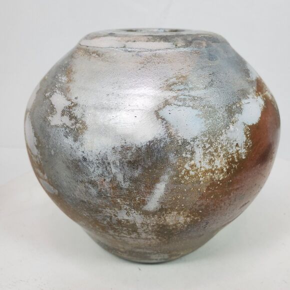 Vintage Raku Handmade BOHO Vase Bowl ART 6x6 Inch Distressed Signed Pottery - Picture 2 of 6